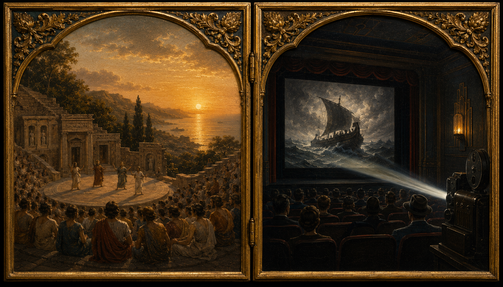 A split image of an ancient Greek amphitheater on one side and a modern cinema screen on the other