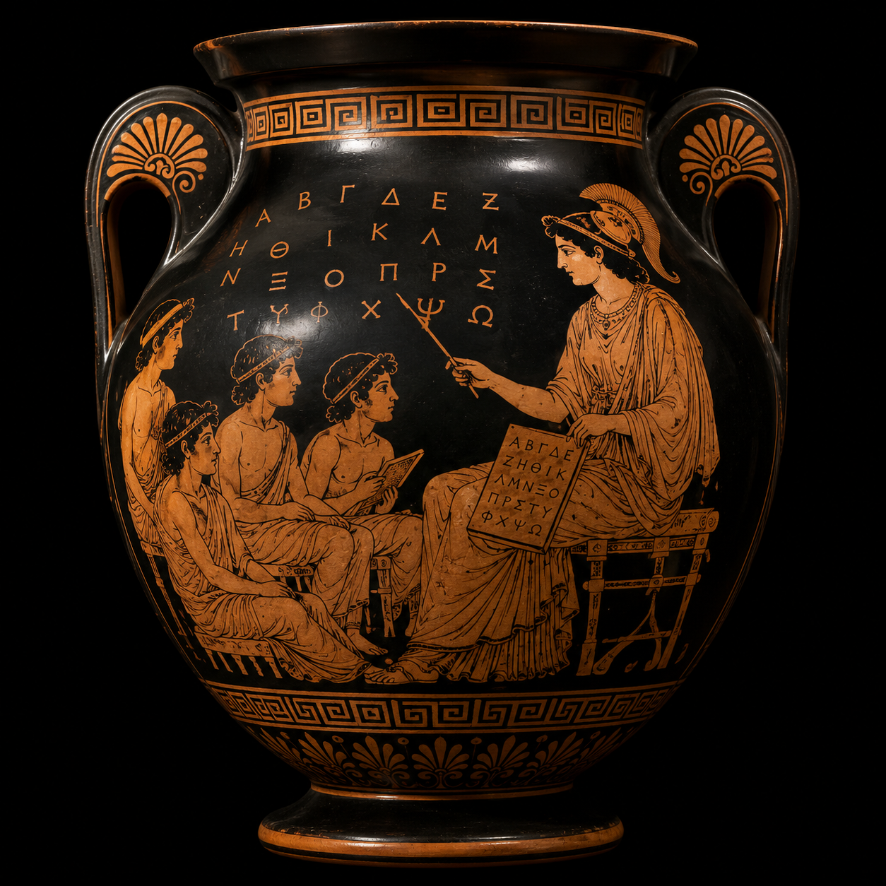 An ancient Greek red-figure amphora depicting Athena teaching the Greek alphabet