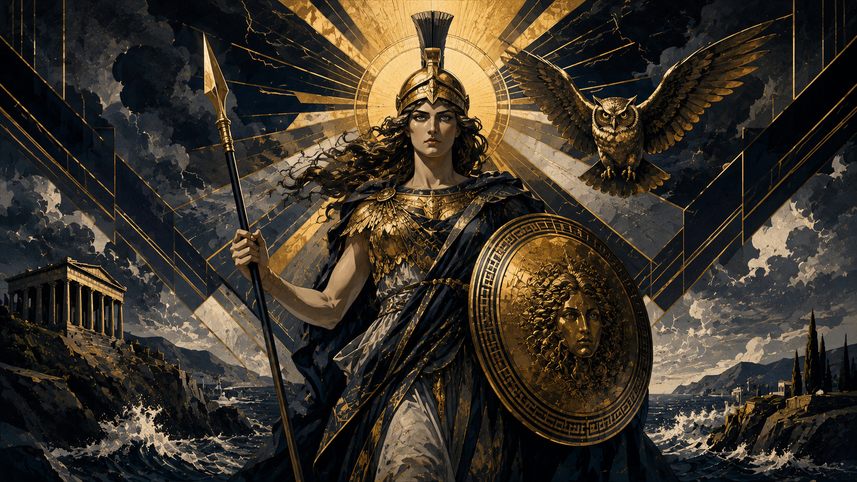 Athena, goddess of wisdom, stands with spear and shield radiating golden light