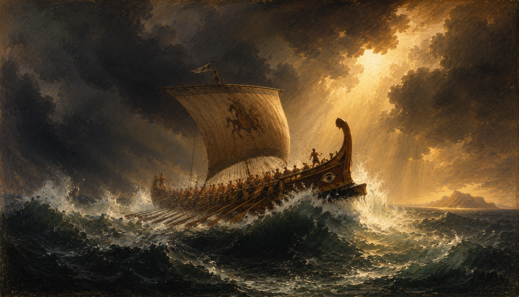 A dramatic wide-angle shot of a Greek warship cutting through stormy seas under a cinematic sky
