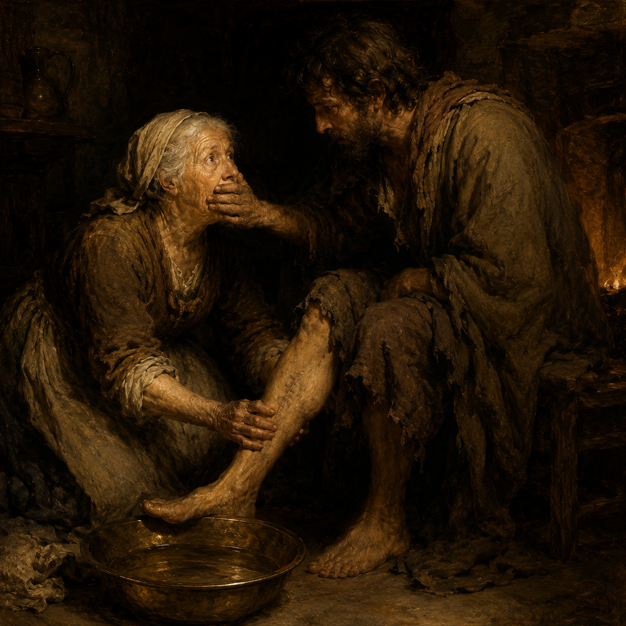 Eurycleia recognizes Odysseus by his childhood scar