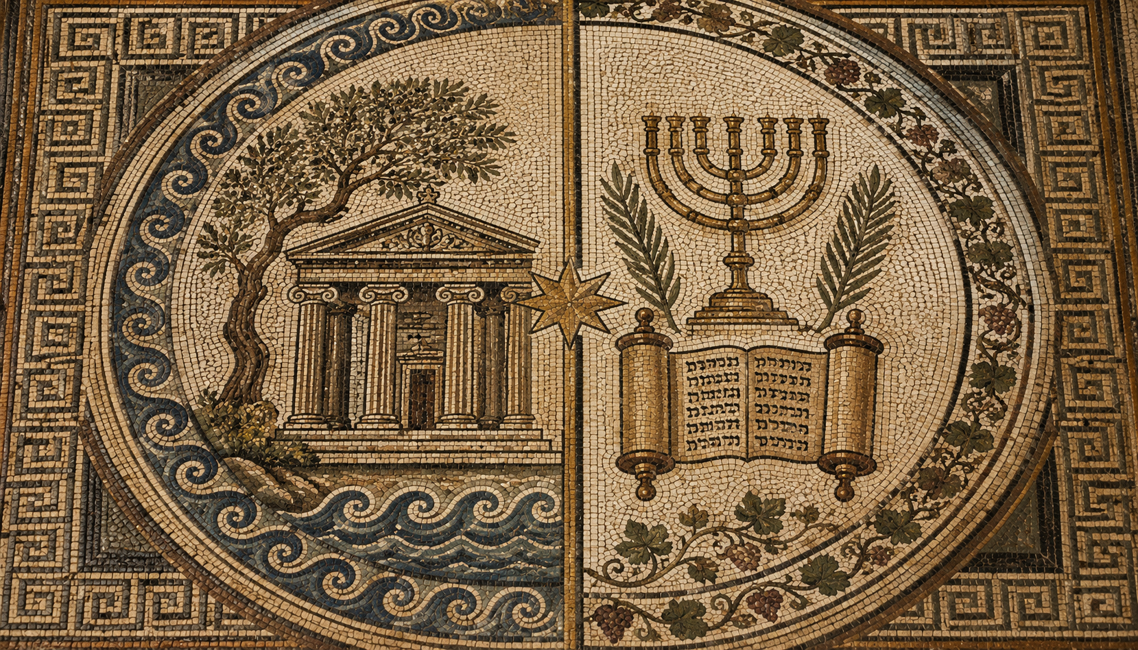 A Greek temple with a Torah scroll and olive branch, symbolizing the meeting of two ancient traditions