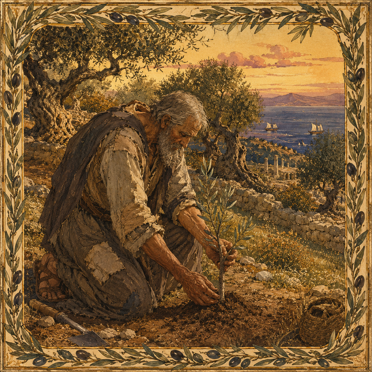 Odysseus finds his father Laertes in the garden