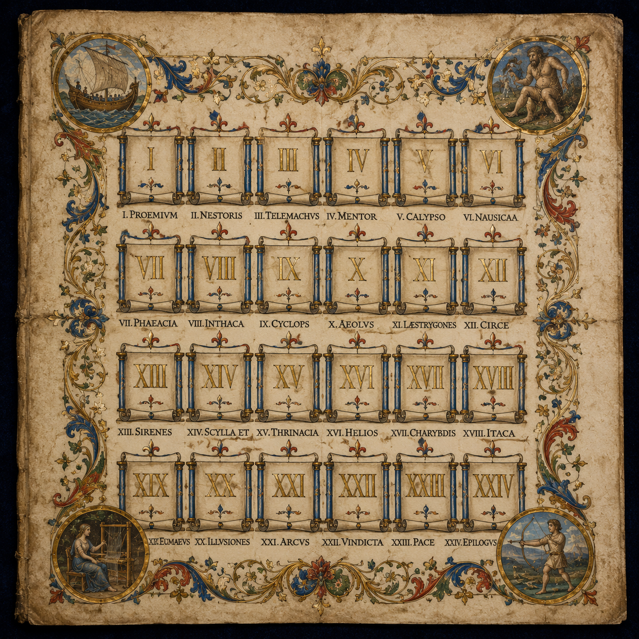 A row of numbered papyrus scrolls arranged in sequence on a stone shelf