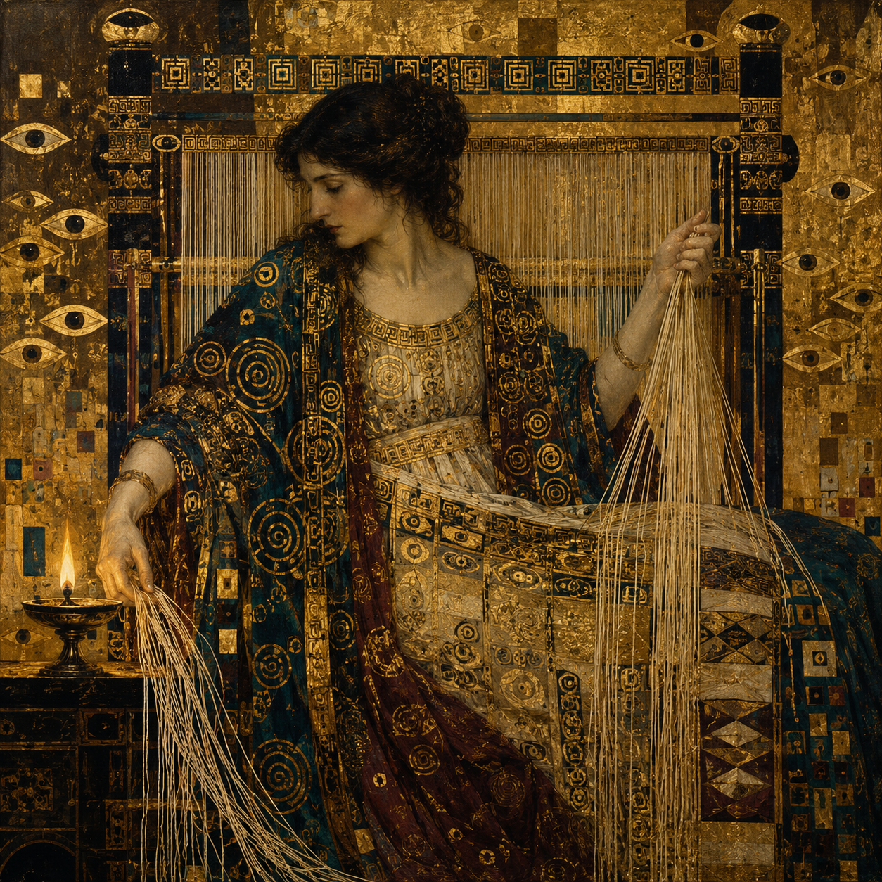 Penelope weaves at her loom by night
