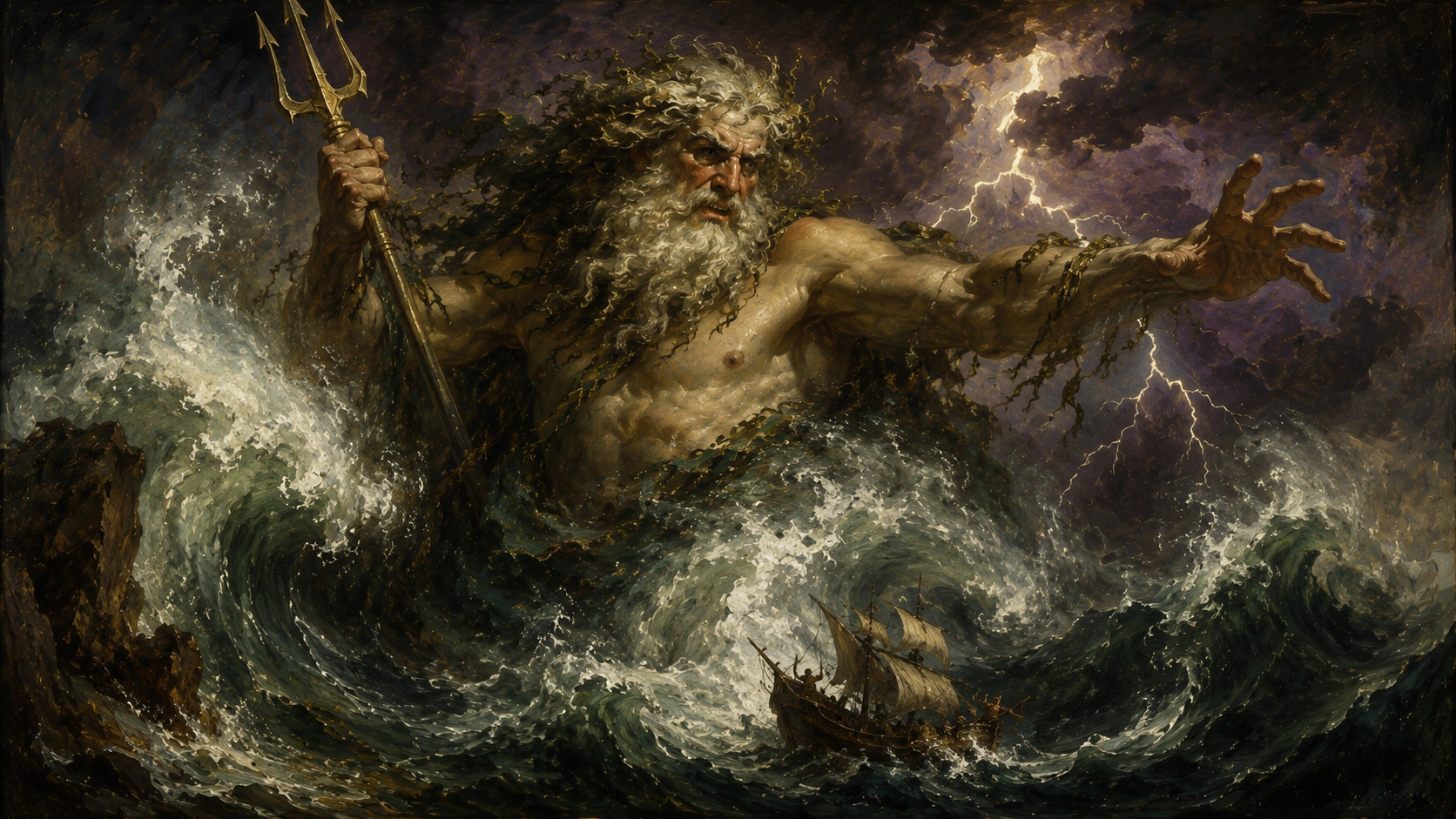 Poseidon, god of the sea, rises from the waves in fury