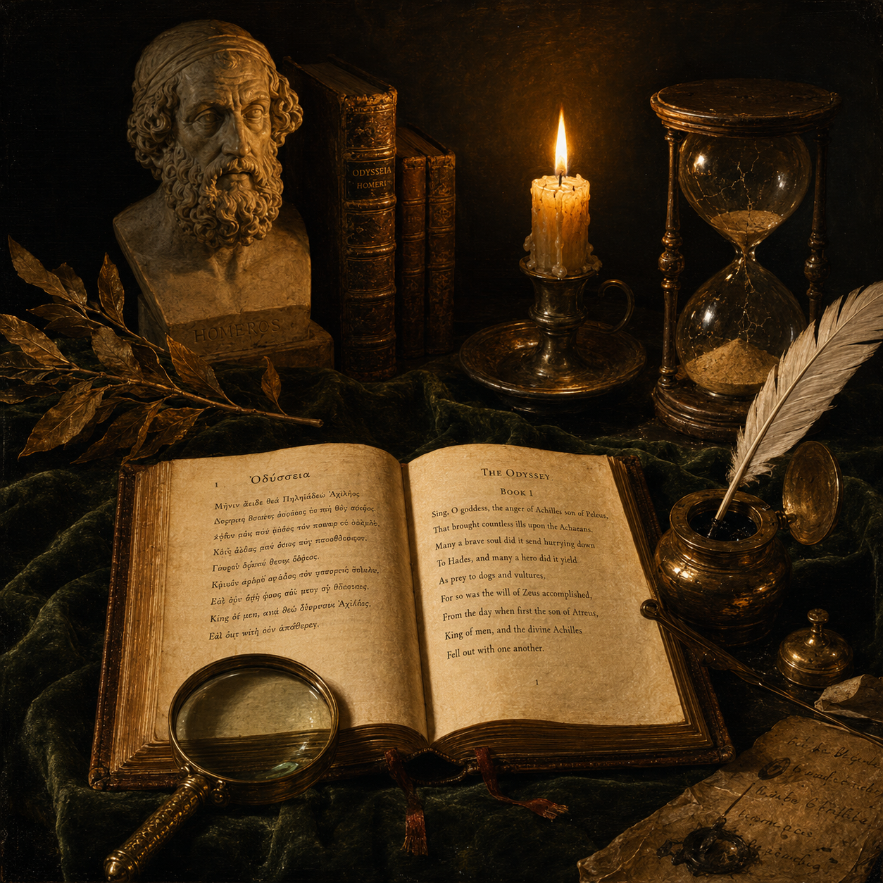 A feathered quill translating ancient Greek script into modern English on a parchment desk