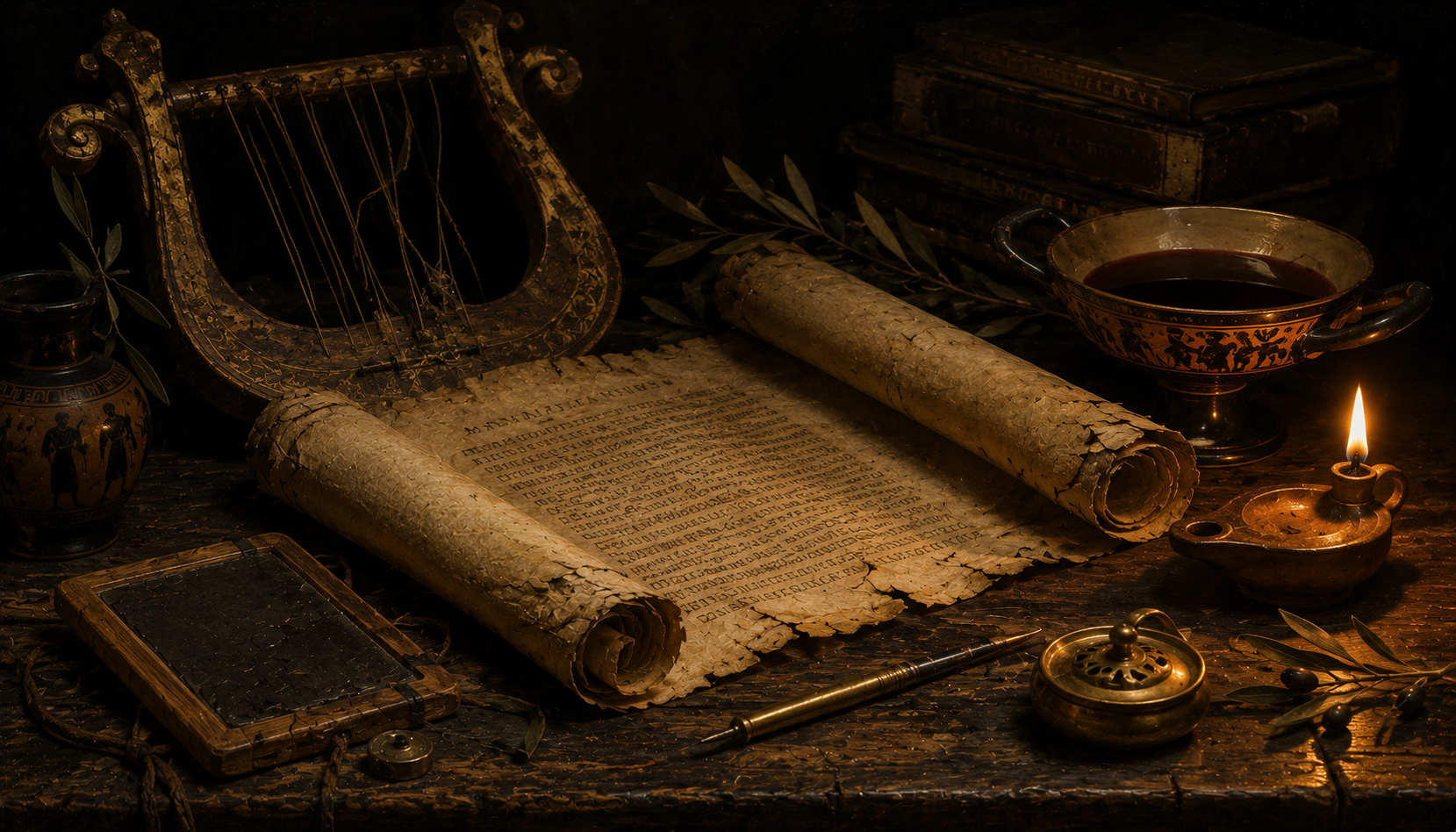 Scrolls and instruments of the ancient bardic tradition