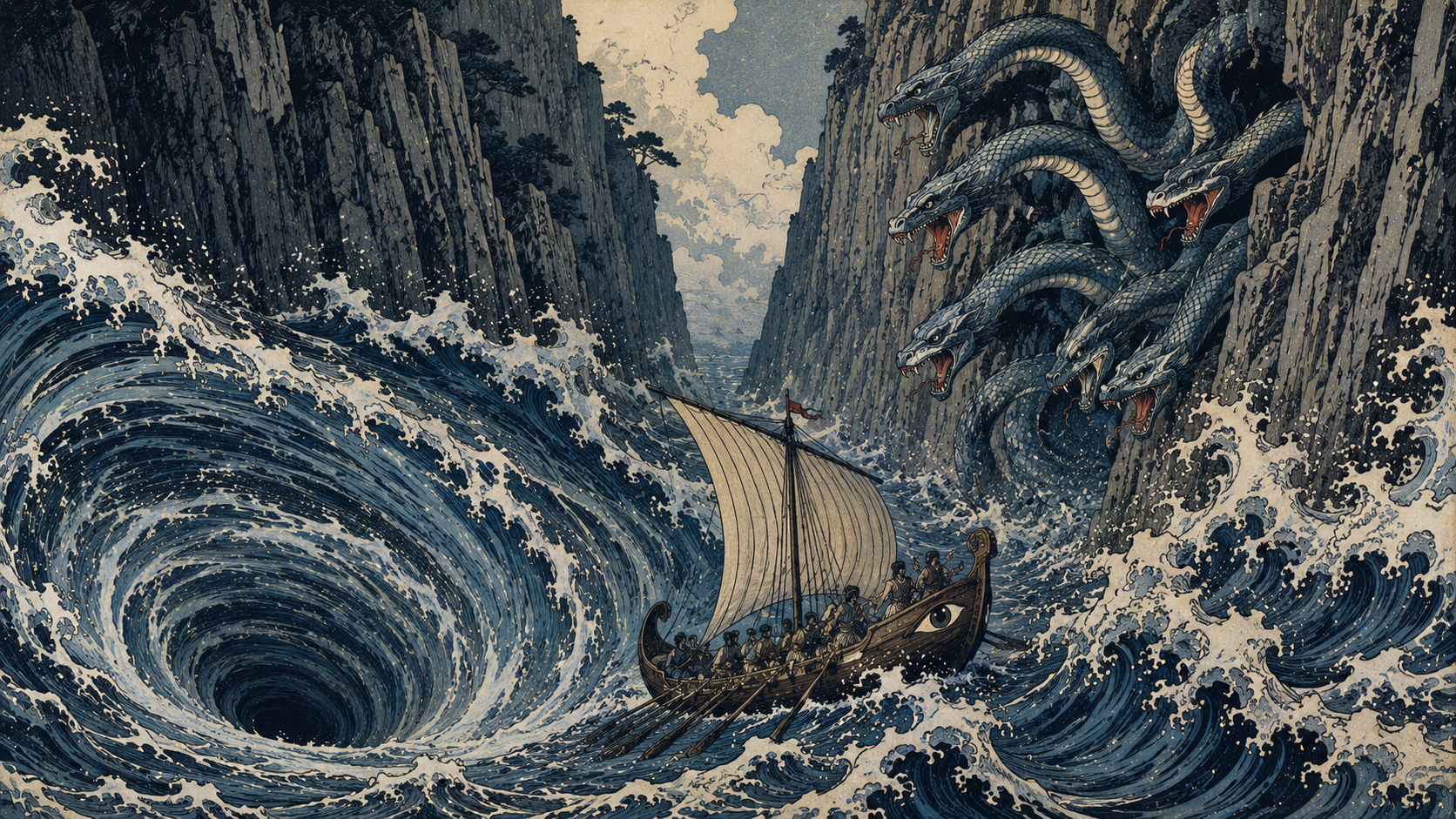 The ship of Odysseus caught between the monster Scylla and the whirlpool Charybdis