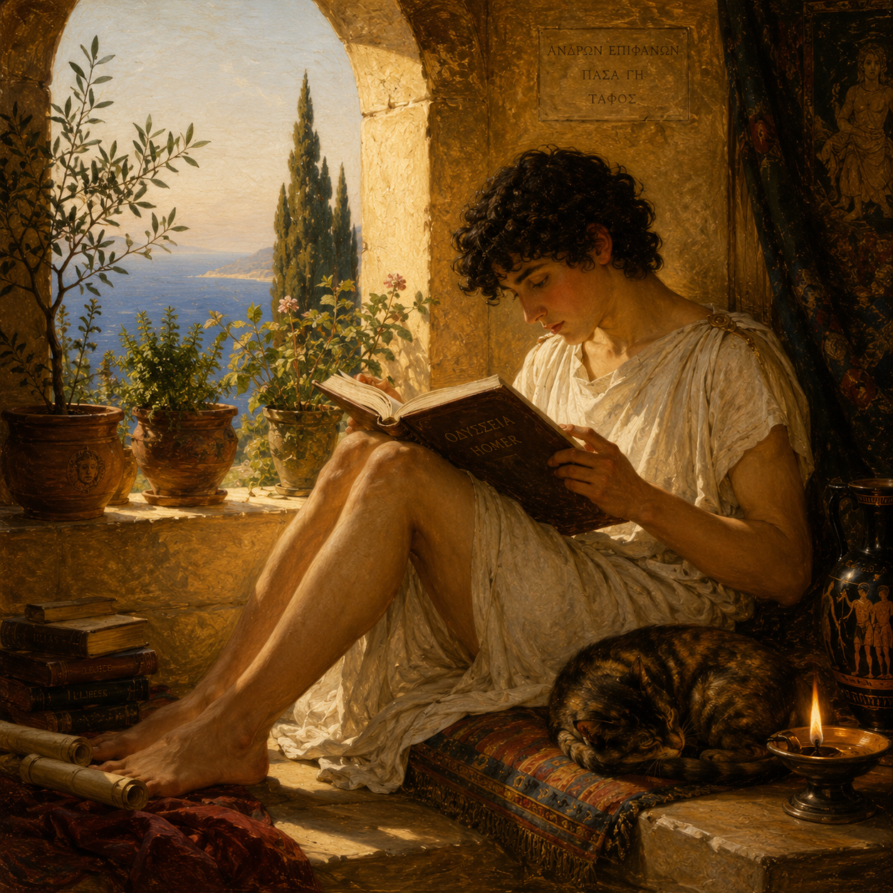 A young student reading an ancient text by the warm glow of an oil lamp