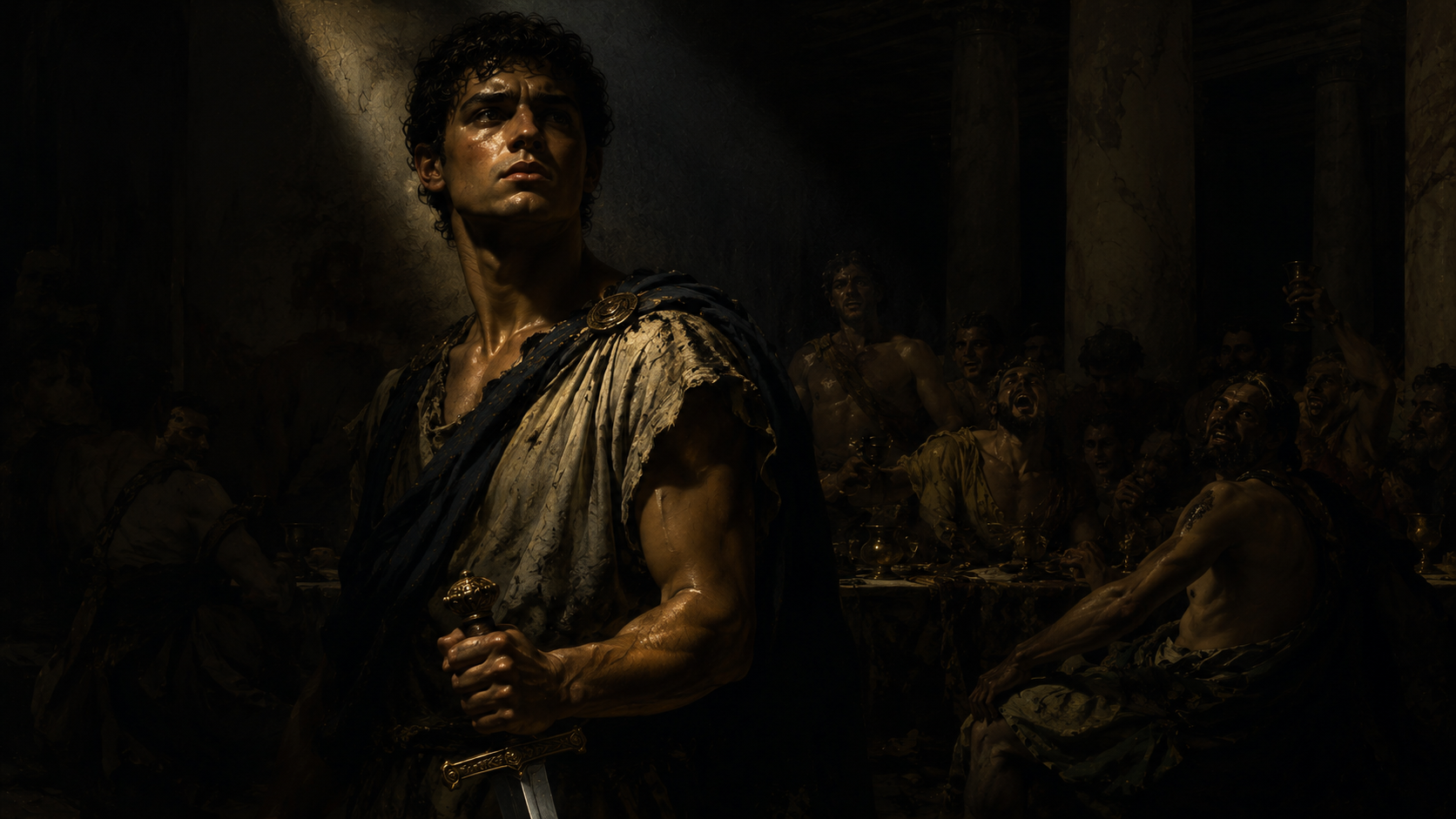 Young Telemachus, son of Odysseus, stands ready to claim his birthright