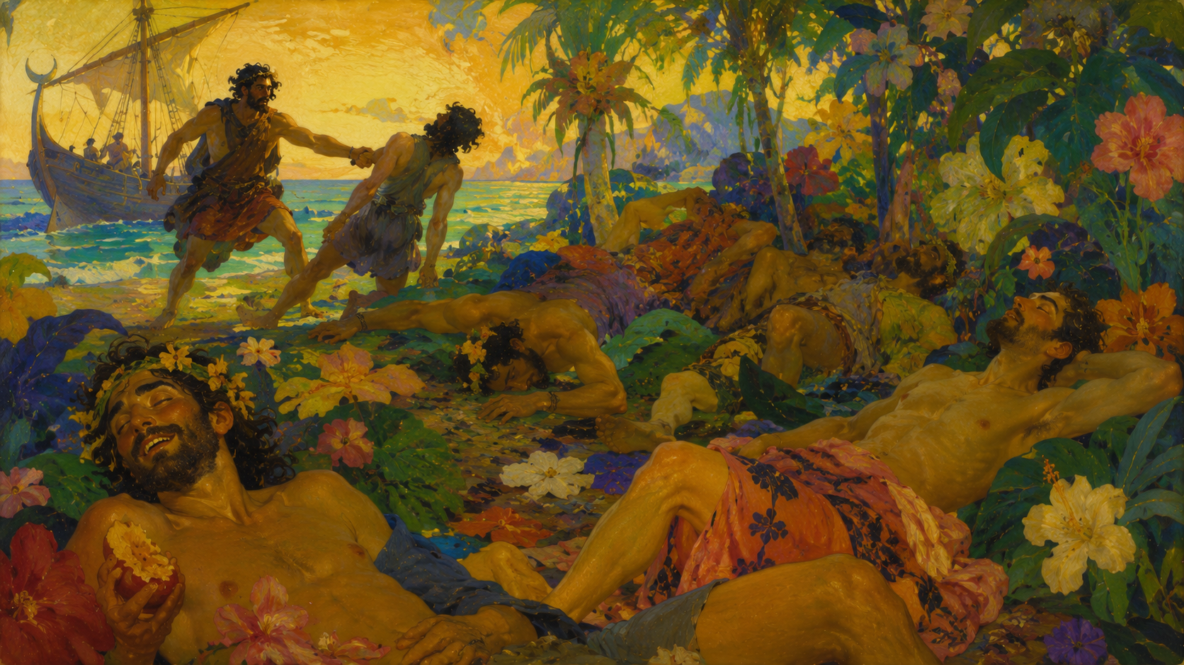 The Lotus-Eaters offer the enchanted fruit that makes men forget their homeland