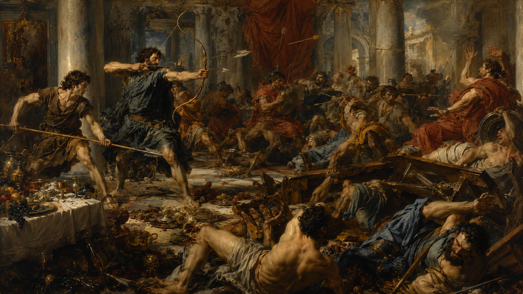 Odysseus reveals himself and strikes down the suitors