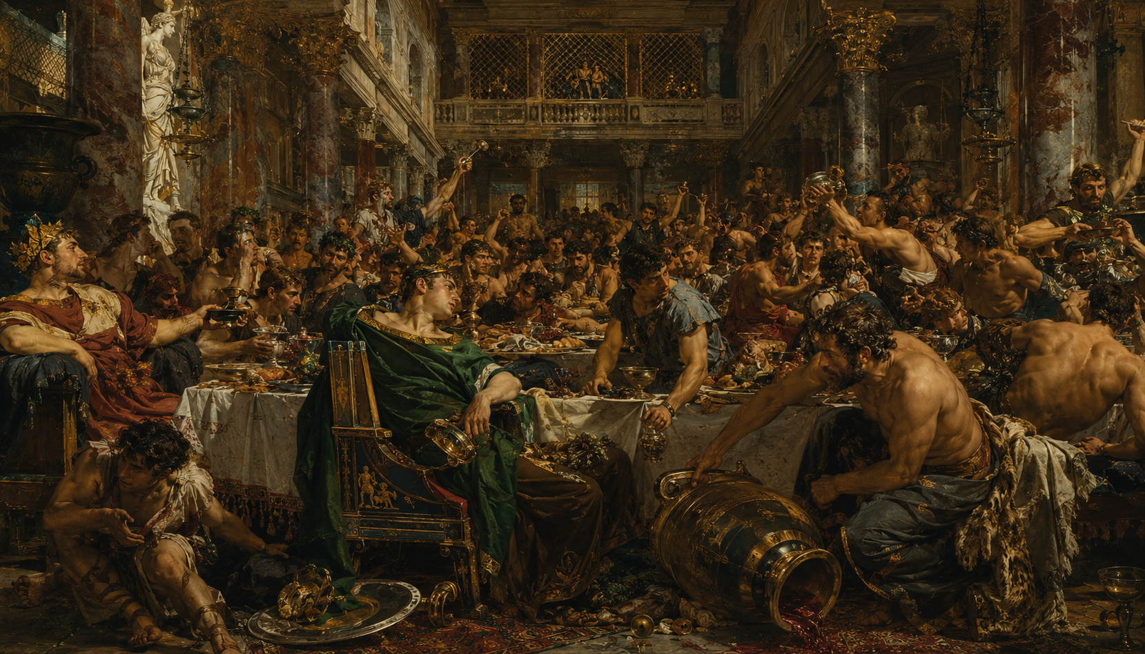 The suitors feast recklessly in Odysseus's hall