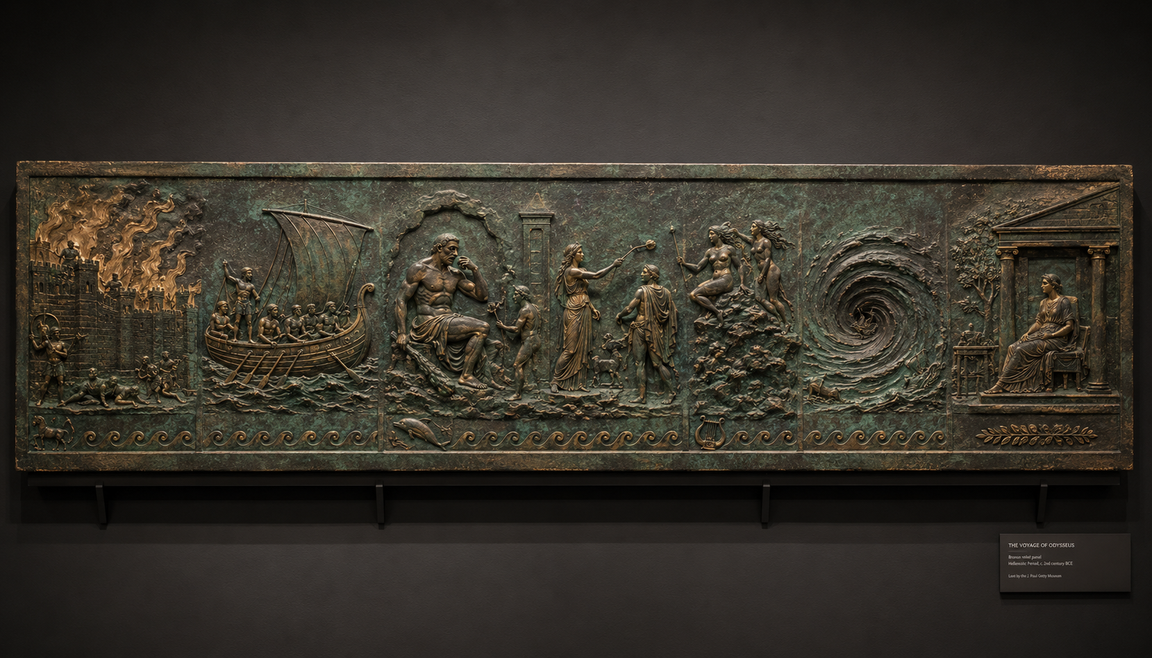 A bronze relief panel depicting the sequential journey of Odysseus from Troy to Ithaca
