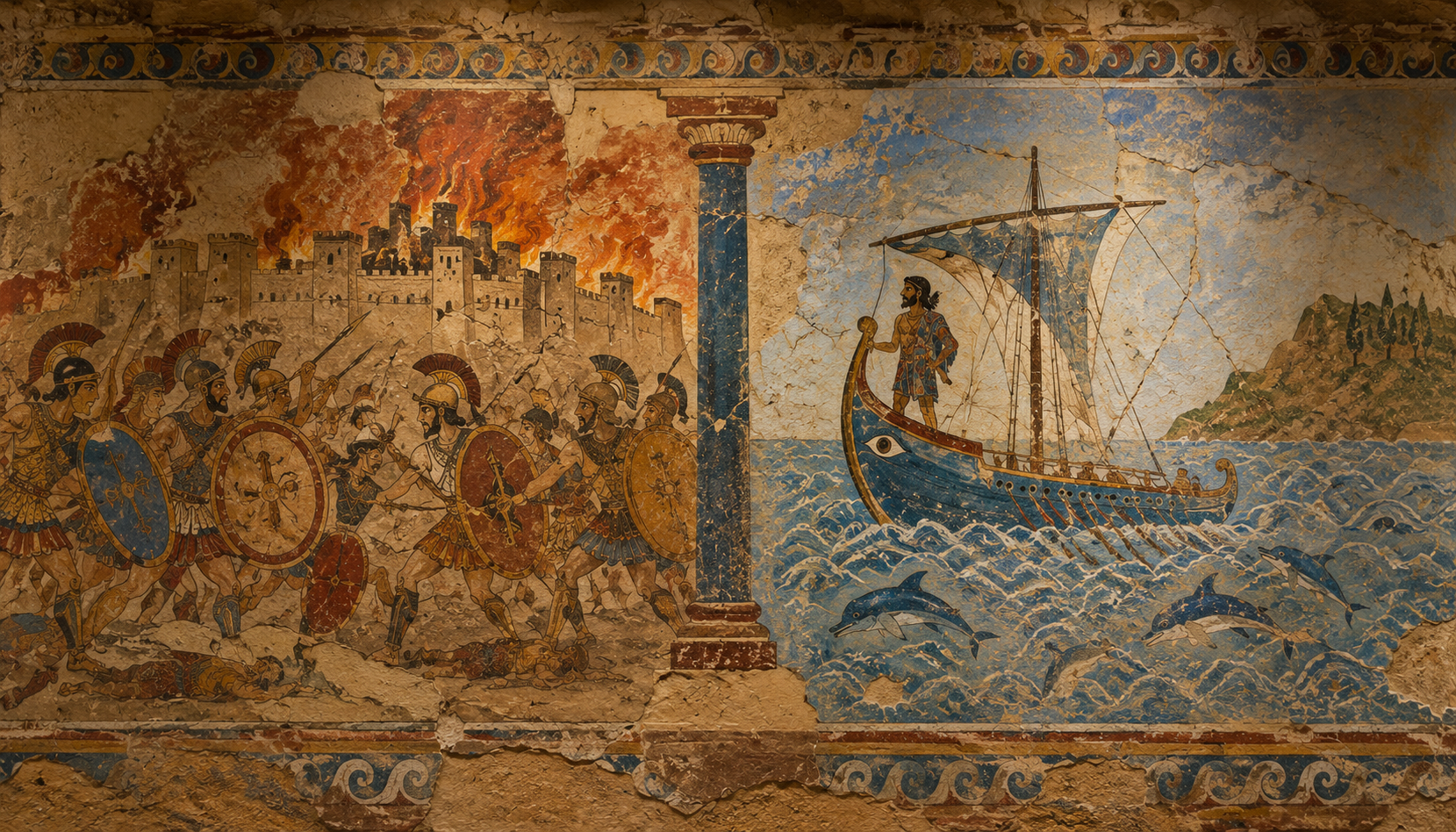 An ancient fresco showing the battle of Troy on one side and a lone ship on the wine-dark sea on the other
