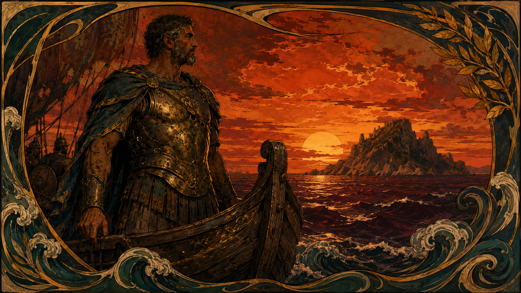 Odysseus at the prow of his ship
