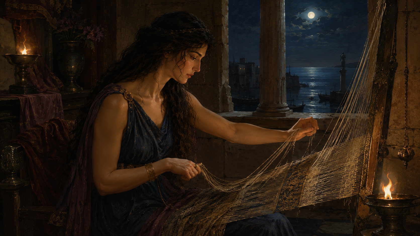 Penelope unraveling her weaving by moonlight